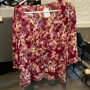 Floral V-Neck Blouse - Burgundy & Beige